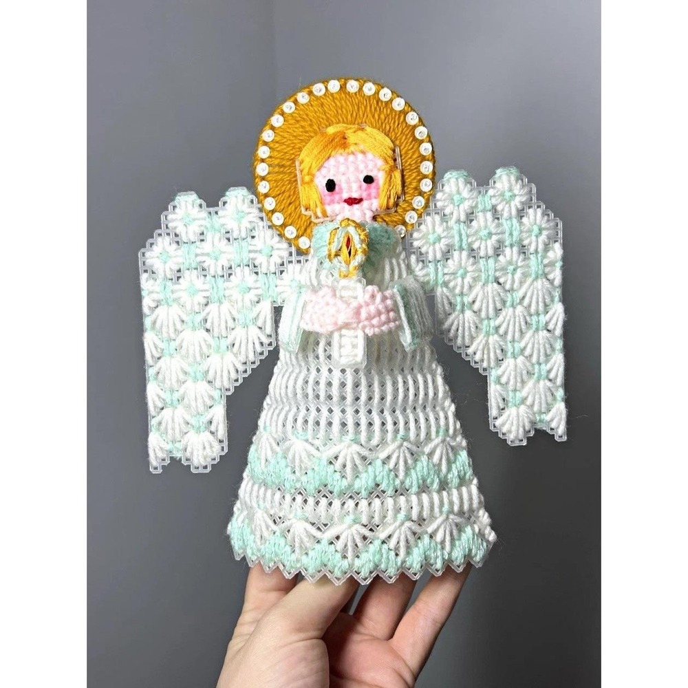 Handmade Yarn Cross Stitch Angel Christmas Tree Topper/Decor w/3D features - 10"
